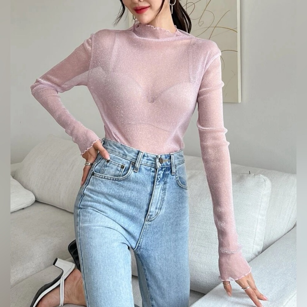 Pink Lurex Lettuce Trim Mesh Mock Turtle Neck Long Sleeve Top Mult. Sizes New